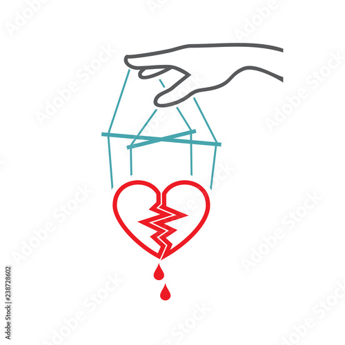 The vector picture the split heart with blood drops on threads in someone's hand. Set of vector icons. The broken love and manipulations. Flat design. Monohrome