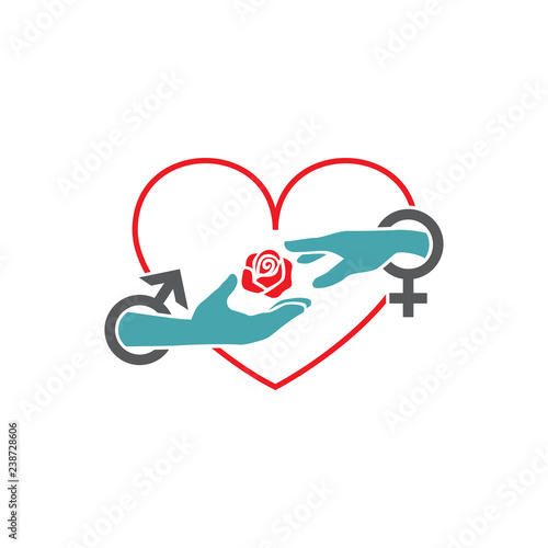 The vector picture of male and female hands in heart reach for a rose. Signs of Mars and Venus. Set of vector icons. Gentle subject of love and recognitions. Flat design. Monohrome