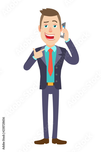 Businessman pointing his finger at the mobile phone that he talks