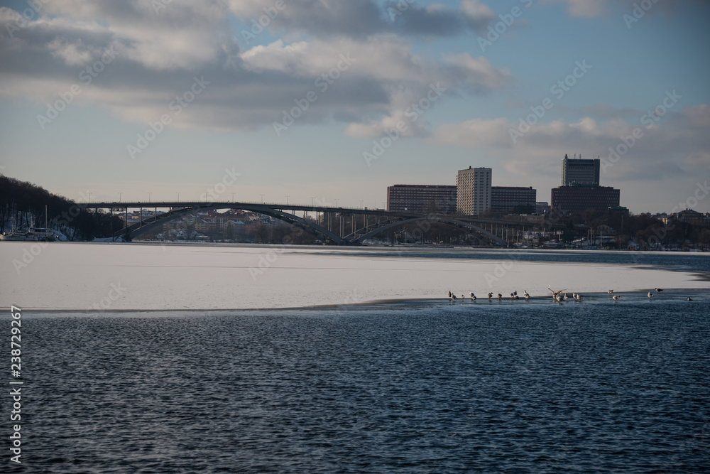 Winter view of Stockholm a frozen lake Mälaren and snow