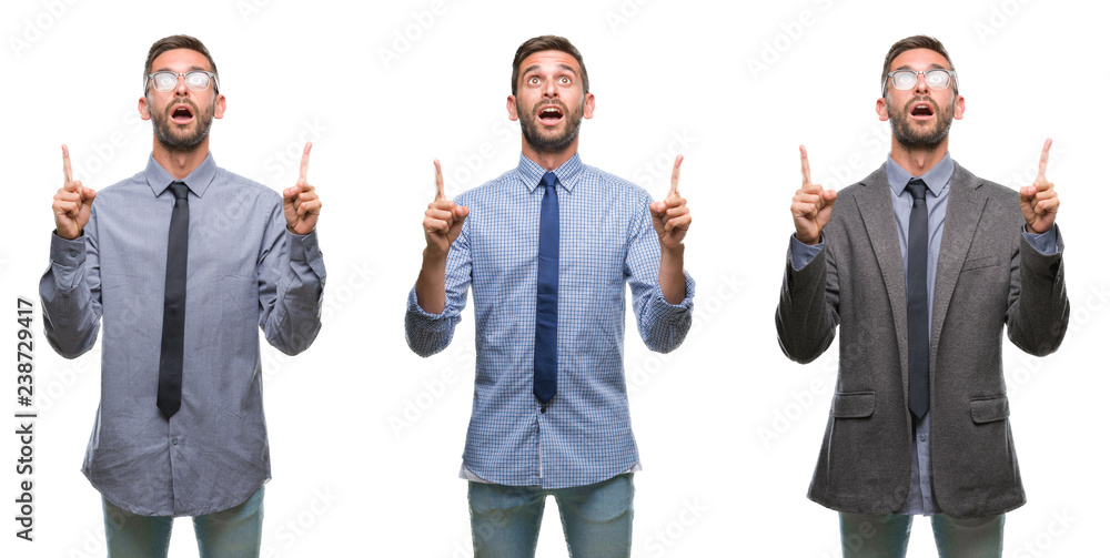 Collage of young business hispanic man over isolated background amazed and surprised looking up and pointing with fingers and raised arms. Collage of young business hispanic man over isolated background amazed and surprised looking up and pointing with fingers and raised arms.