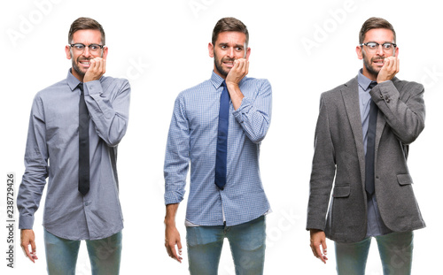 Collage of young business hispanic man over isolated background looking stressed and nervous with hands on mouth biting nails. Anxiety problem.