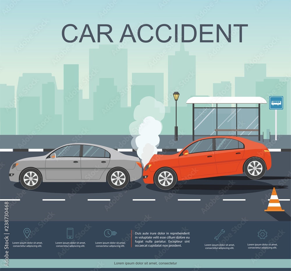 Accident with two cars on the road. Transporation Infographic. 