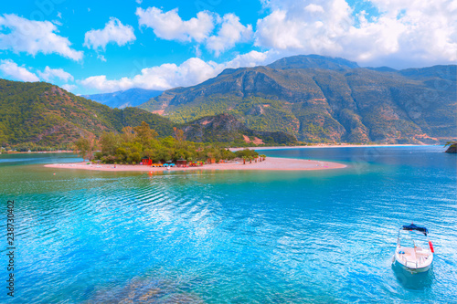 Oludeniz lagoon in sea landscape view of beach, Turkey