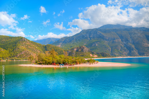 Oludeniz lagoon in sea landscape view of beach, Turkey