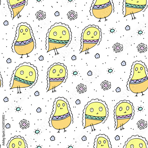 Vector seamless pattern with doodle yellow chicks and decorative elements in soft colors. Hand-drawn stylized chucks on white background. Happy Easter endless texture with young peepers.