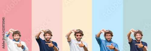 Collage of young casual man over colorful stripes isolated background smiling making frame with hands and fingers with happy face. Creativity and photography concept.