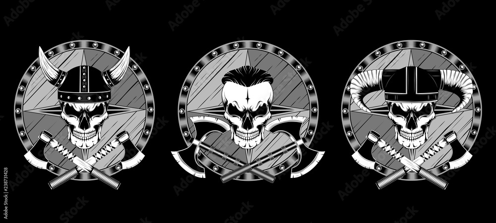 Set of vector images on a black background. Skulls in helmets with axes and shields.