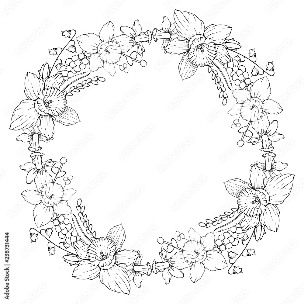 Floral wreath with black and white hand-drawn flowers and branches isolated on white background. Narcissus, mimosa, lily of the valley, willow. Round frame