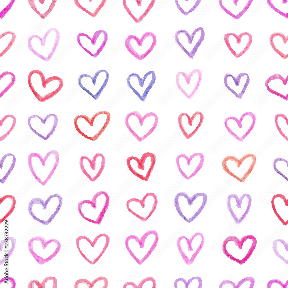 Seamless pattern with hand drawn color hearts