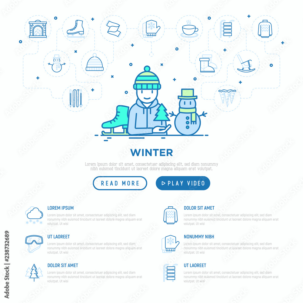 Winter concept: man in knitted hat with skates and snowman. Modern vector illustration, web page template. Winter concept: man in knitted hat with skates and snowman. Modern vector illustration, web page template.