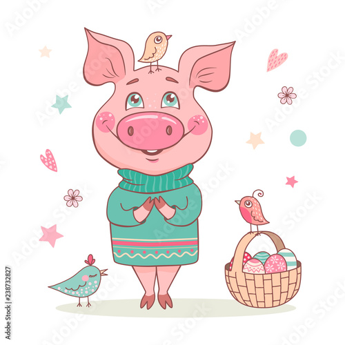 Cute smiling pig in a turquoise sweater with an ornament.