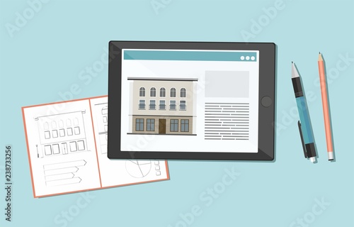 Sketch, drawing of the building in a notebook and digital tablet.