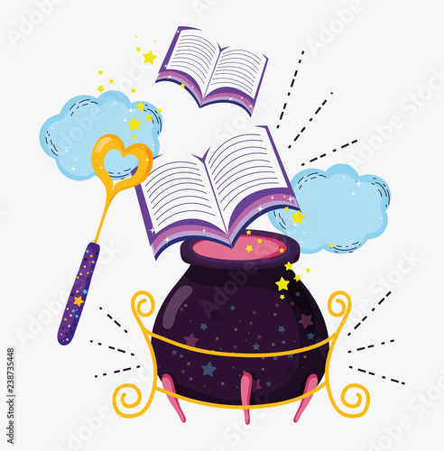 magic wand with books and couldron mysterious