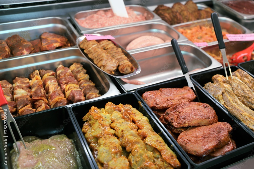 Variety of meat products in butchery