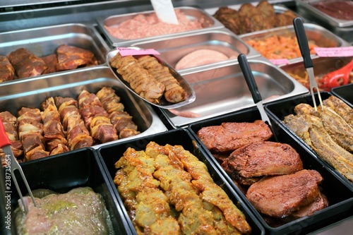 Variety of meat products in butchery