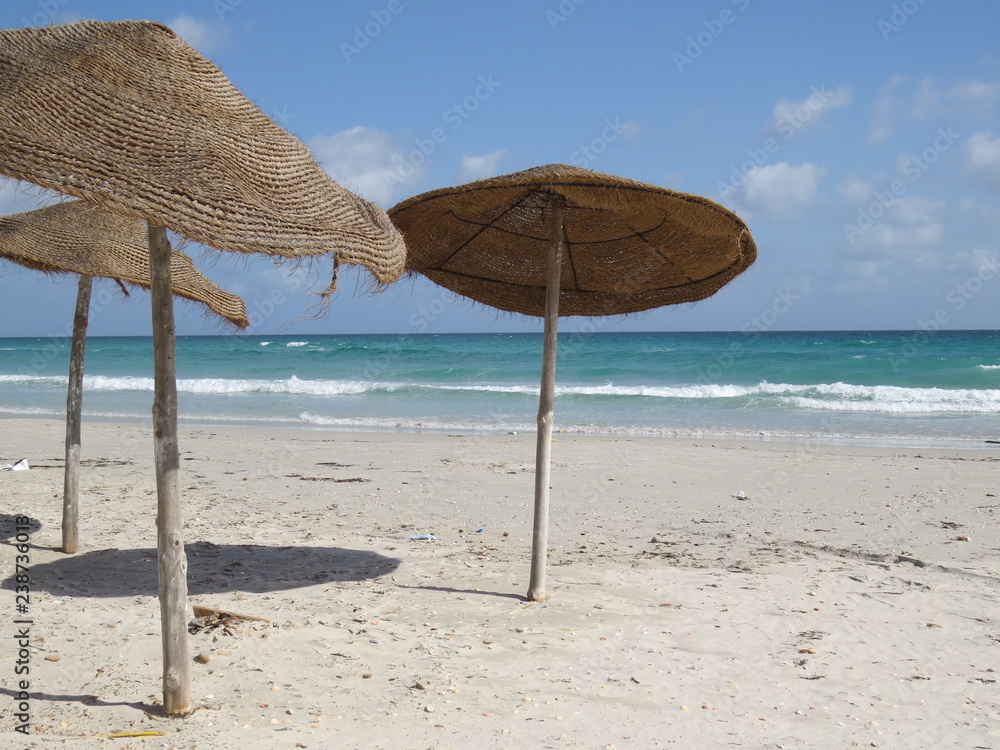 Umbrellas on the sandy beach in Tunisia.