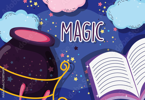 magic book with mystery cauldron potion