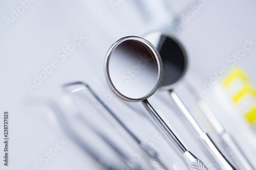 Dentist, Dental tools on a white background, Teeth and jaw.