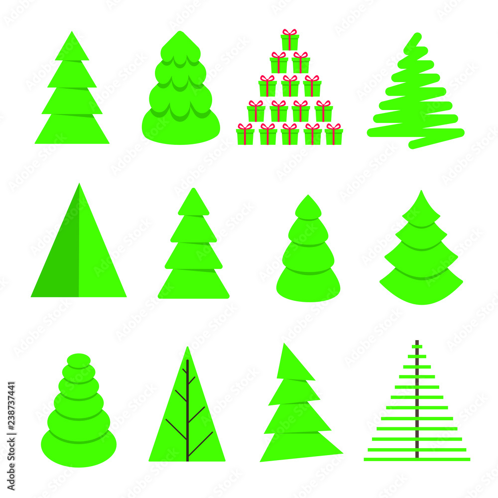 Obraz premium 16 Christmas tree fir flat style design icon sign set vector illustration. Symbol of family xmas holiday celebration isolated on white background. Simple shape for holyday.