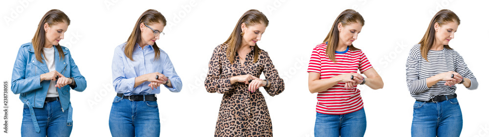 Collage of beautiful middle age woman over isolated background Checking the time on wrist watch, relaxed and confident Collage of beautiful middle age woman over isolated background Checking the time on wrist watch, relaxed and confident