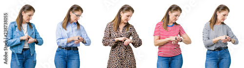 Collage of beautiful middle age woman over isolated background Checking the time on wrist watch, relaxed and confident