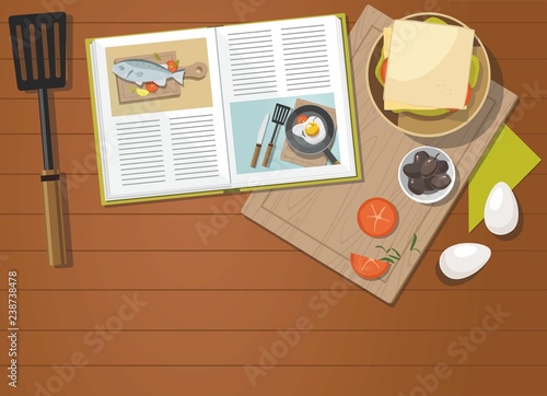 Recipe book, sandwich, egg, Vegetables with spinach, Top view.  