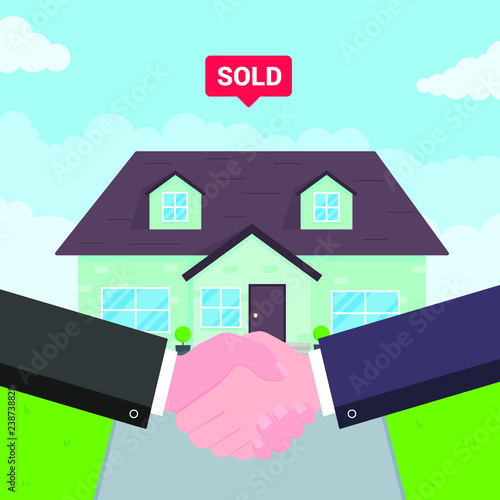 Buying new house on sale. Two hands shaking, big deal agreement flat style vector illustration. New house behind sold for new landlord or houseowner. Good partnership and succesful deal concept.