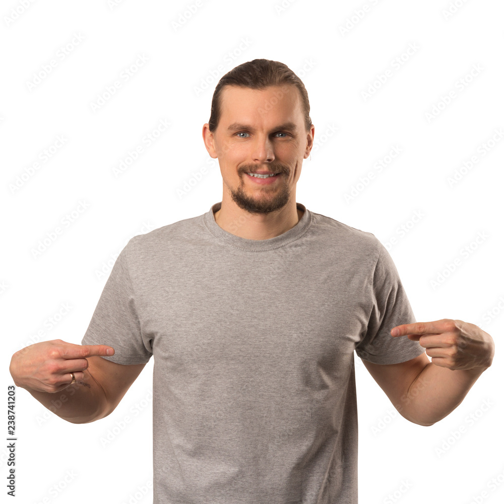 Bearded attractive caucasian guy pointing at him self isolated on white Bearded attractive caucasian guy pointing at him self isolated on white