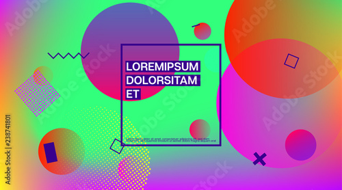 Memphis Minimal Cover Horizontal Vector Template. Neon Gradient Overlay, Small Space Particles Background. Geometric Memphis Design Elements, Horizontal Music Poster. Vintage Elemets Business Design.