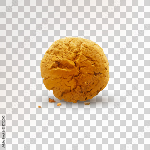 Round brown cookie with crumbs isolated on transparent background. Realistic vector illustration