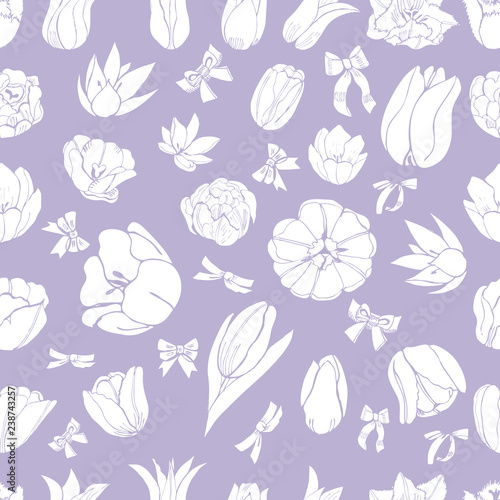 Floral seamless pattern of hand drawn white buds of tulip flowers and bows on violet background.