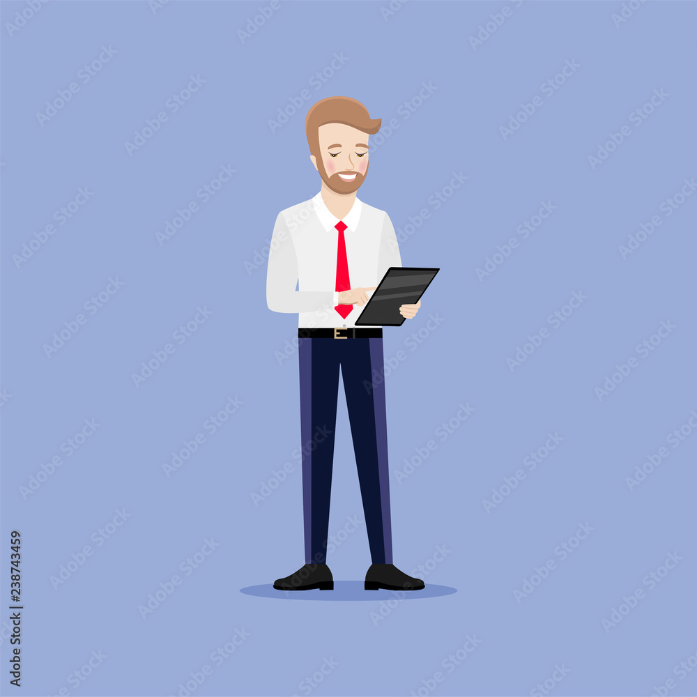 Happy businessman holding electronic tablet in his hands. Flat illustration on blue background. Happy businessman holding electronic tablet in his hands. Flat illustration on blue background.