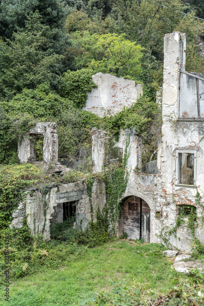 an old, abandoned and overgrown ruin in the mountains

