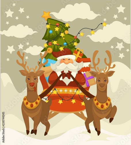 Santa Claus and deers with sleigh flying over winter snowy forest