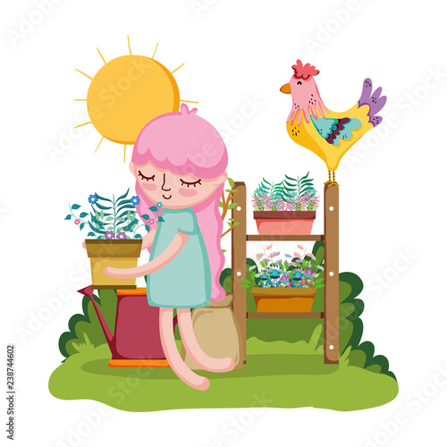 girl lifting houseplant with rooster in the garden