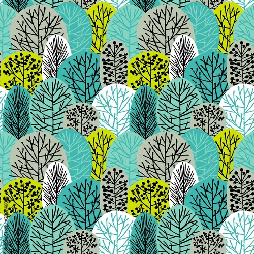 Seamless pattern with trees. Drawing of forest by hand.