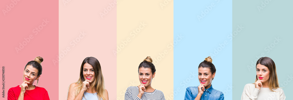 Fototapeta premium Collage of young beautiful woman over colorful vintage stripes isolated background looking confident at the camera with smile with crossed arms and hand raised on chin. Thinking positive.