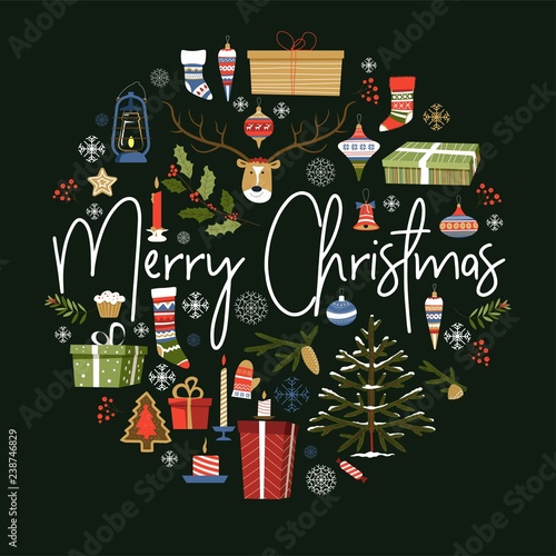 Merry Christmas winter holiday symbolic images in circle vector.