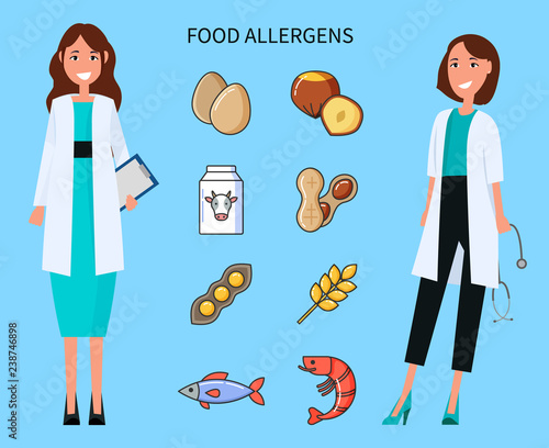 Food Allergens, Doctors with Causing Icons Set