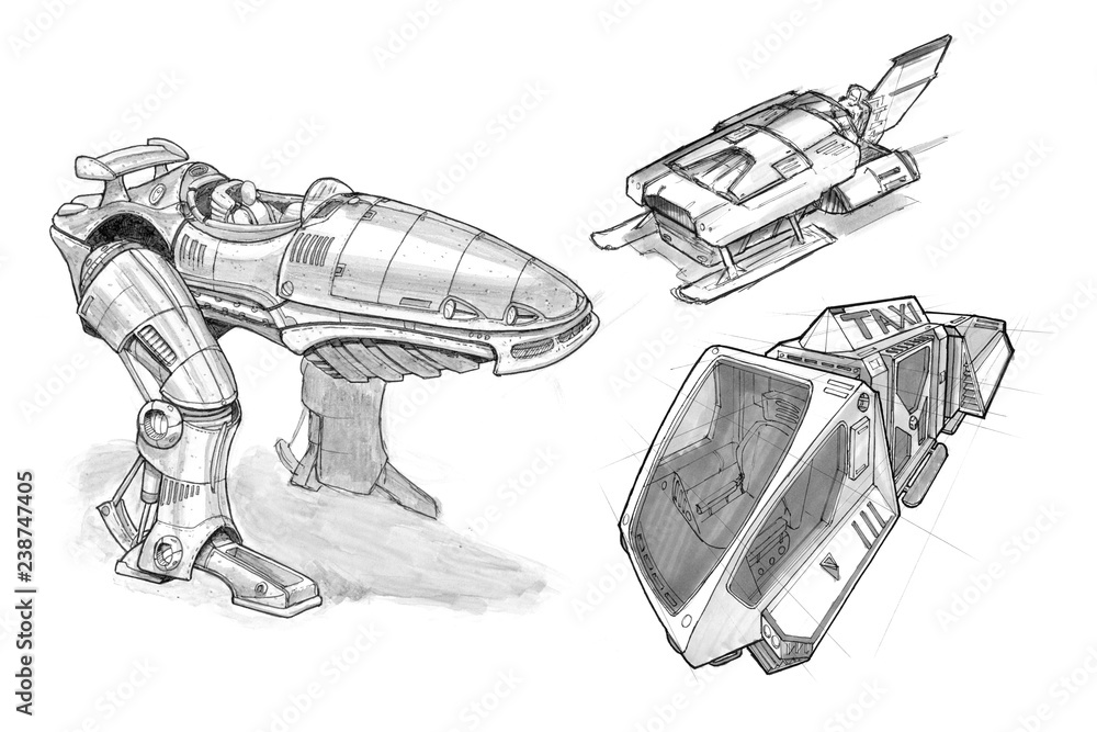 Φωτογραφία Set of various black and white futuristic ink concept art transportation designs, walking car, taxi and jet ski vehicle