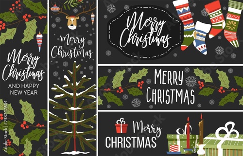 Christmas set of vector greeting banners cards and posters.