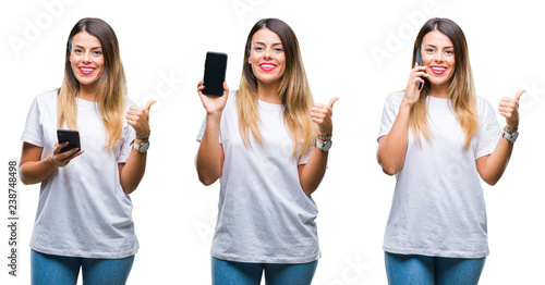 Collage of young beautiful woman using smartphone over isolated background pointing and showing with thumb up to the side with happy face smiling