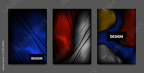 Distortion of Lines. Abstract Backgrounds with Vibrant Gradient and Wavy Stripes. Futuristic Cover Templates Set with Volume and Metallic Effect. Distorted Shapes for Business Presentation, Brochure.