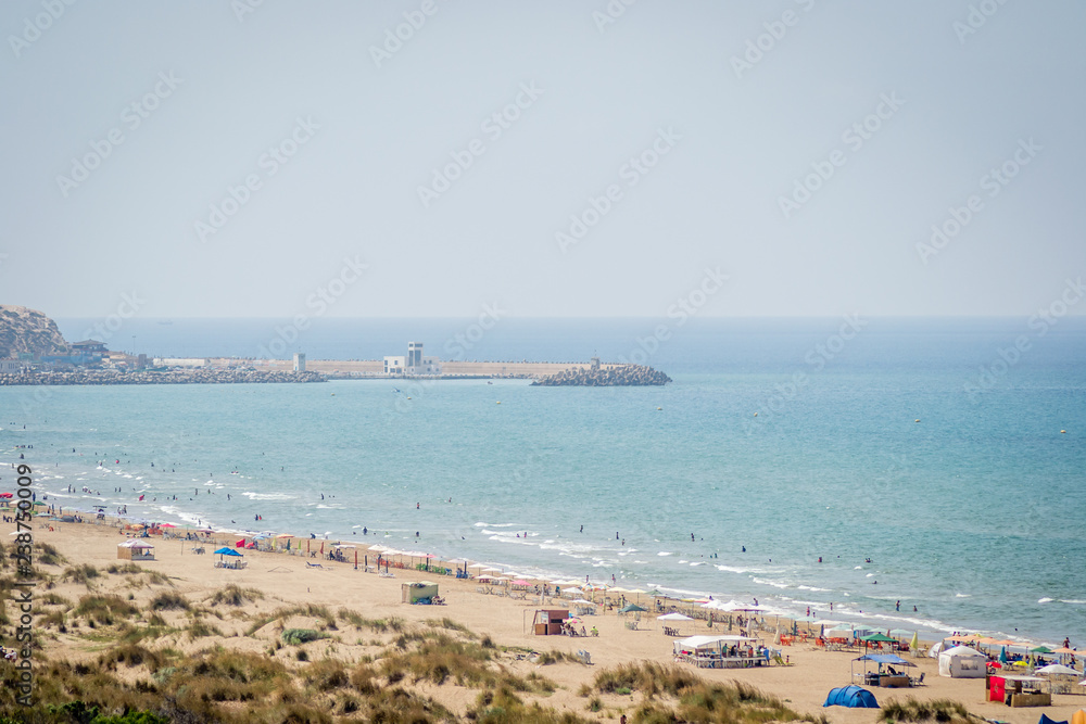 The incredible seascaping view of beach with blue sea in morocco in summer
