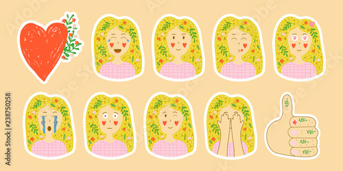 vector collection of stickers in hand drawn style. set of emotio photo