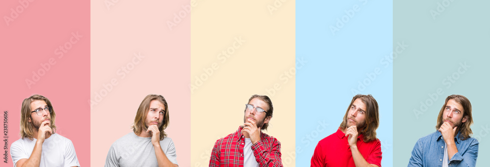 Collage of young handsome man over colorful stripes isolated background with hand on chin thinking about question, pensive expression. Smiling with thoughtful face. Doubt concept.