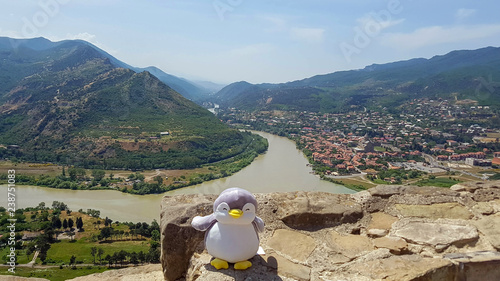 Mtskheta, Georgia: Panoramic view on Holy city of Mtskheta and confluence of the Kura and Aragvi rivers from Jvari Monastery photo