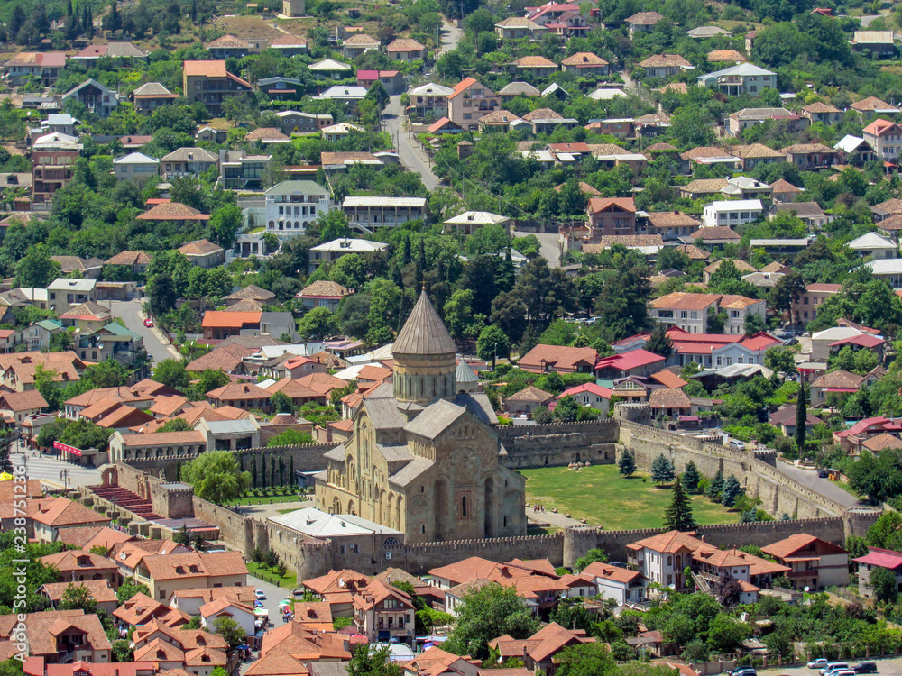 Holy city of Mtskheta view on Svetitskhoveli Cathedral from Jvari Monastery in Mtskheta, Mtskheta-Mtianeti, Georgia