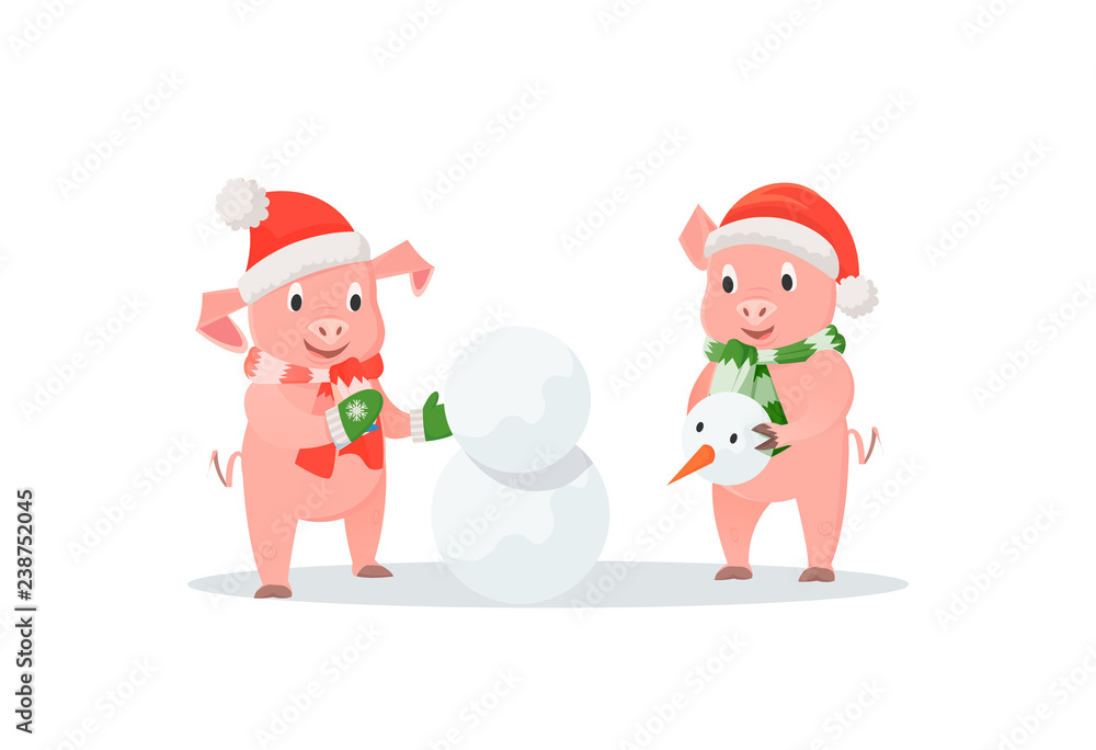 Pigs Building Snowman, New Year and Christmas Pigs Building Snowman, New Year and Christmas